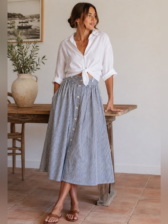 Madewell Dresses & Skirts - Madewell Striped Button Front Midi Skirt 100% Cotton Size 12 Coastal Preppy